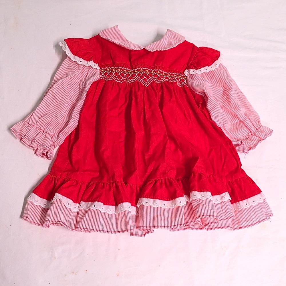 Polly Flinders Hand Smocked Dress Girls 12 Months Red Pink Striped Lace Ruffle